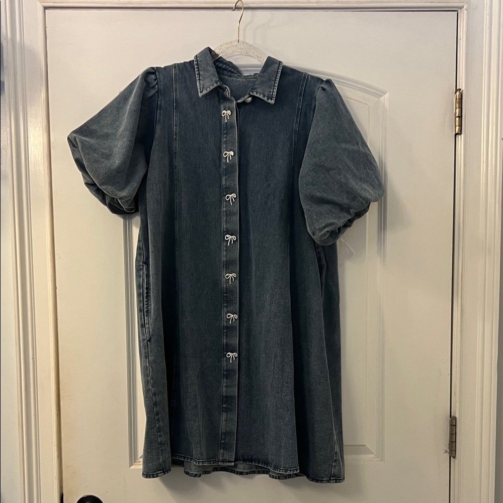 Denim Button-Up Dress with Puff Sleeves with rhinestone bow buttons